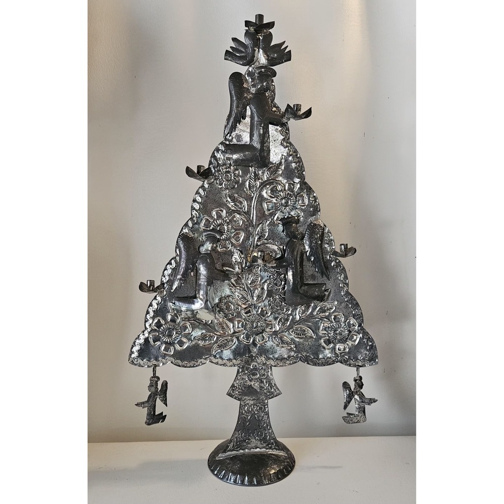 Vintage Mexican Folk Art Punched Tin Christmas Tree w Angels 24"